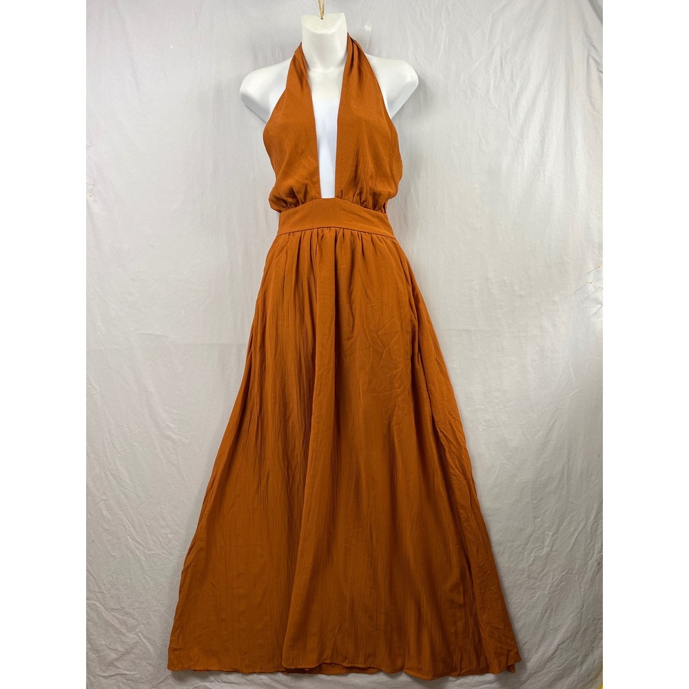 Forever 21 Maxi Dress Women XS Praline Orange Halter Deep V Open Back Pocket